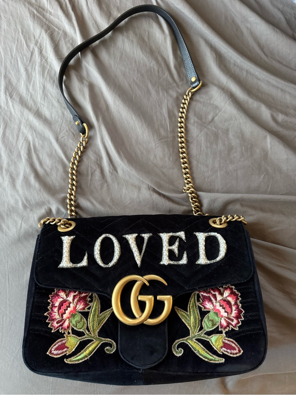 Gucci Black 'Loved' Velvet GG Marmont Shoulder Bag with Embroidery